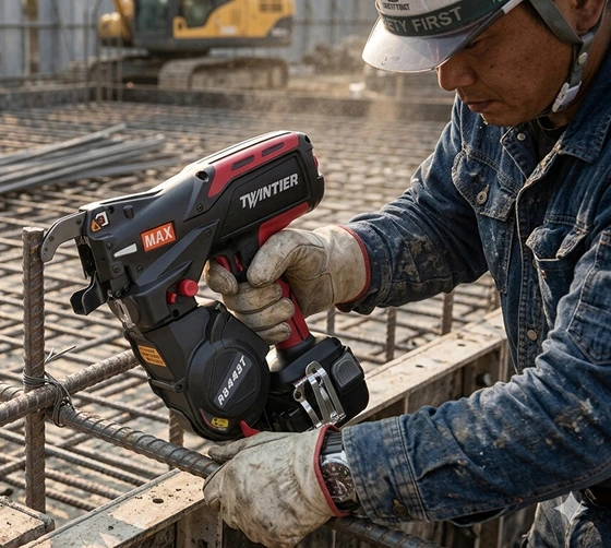 Construction professional using a MAX TwinTier rebar tying gun